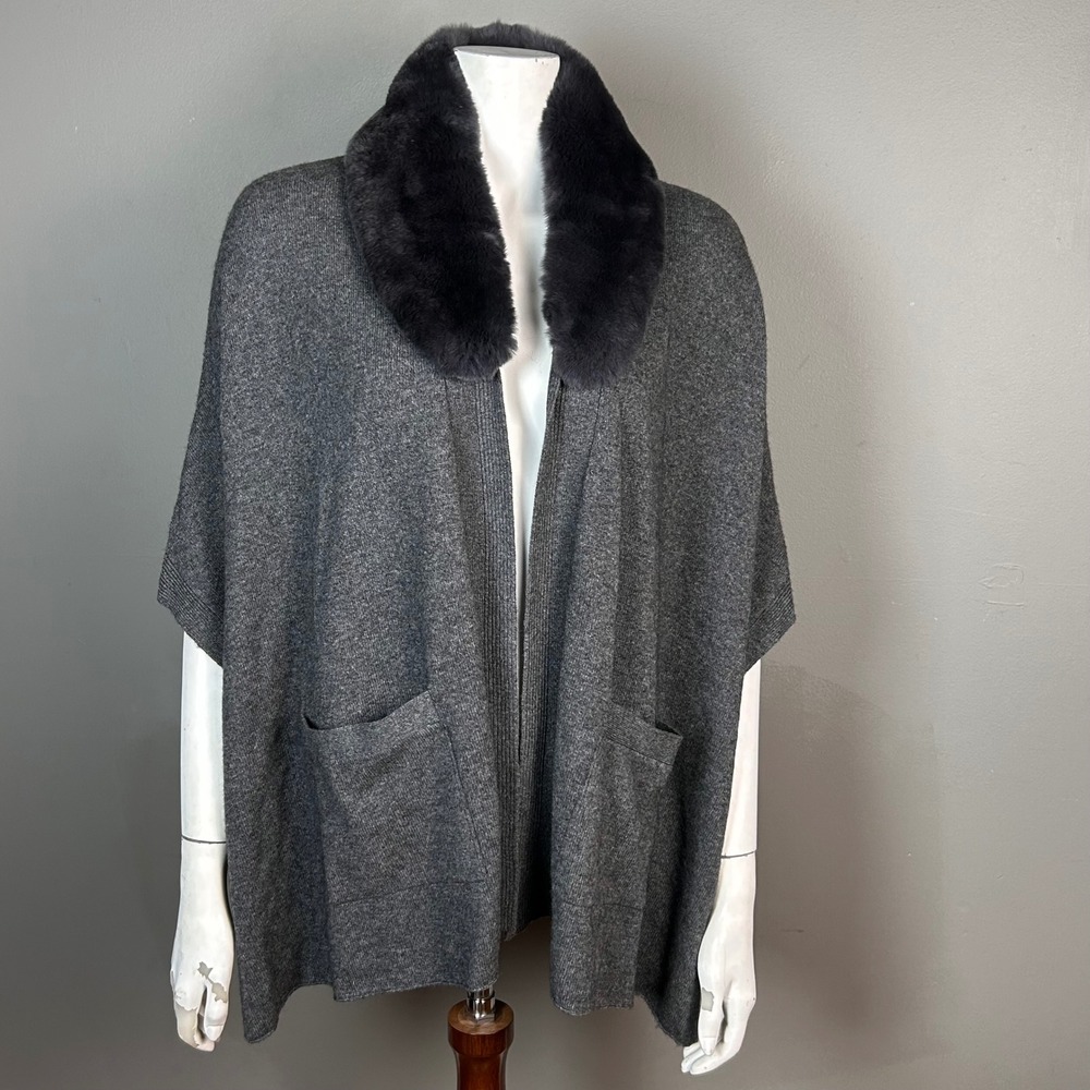 Joie sweater cardigan XS Gray Cashmere Poncho Cape Faux Fur Collar chic glam